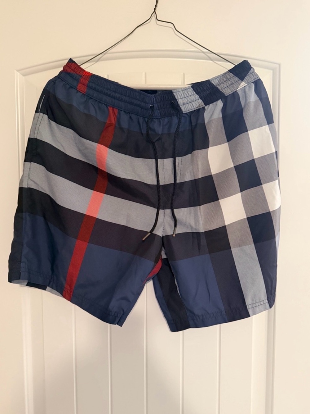 Burberry Navy Plaid Swim Trunks with Red Stripe
